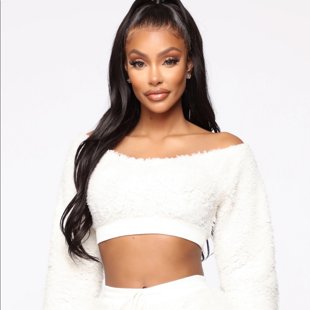 Fashion Nova white fuzzy cropped sweater.